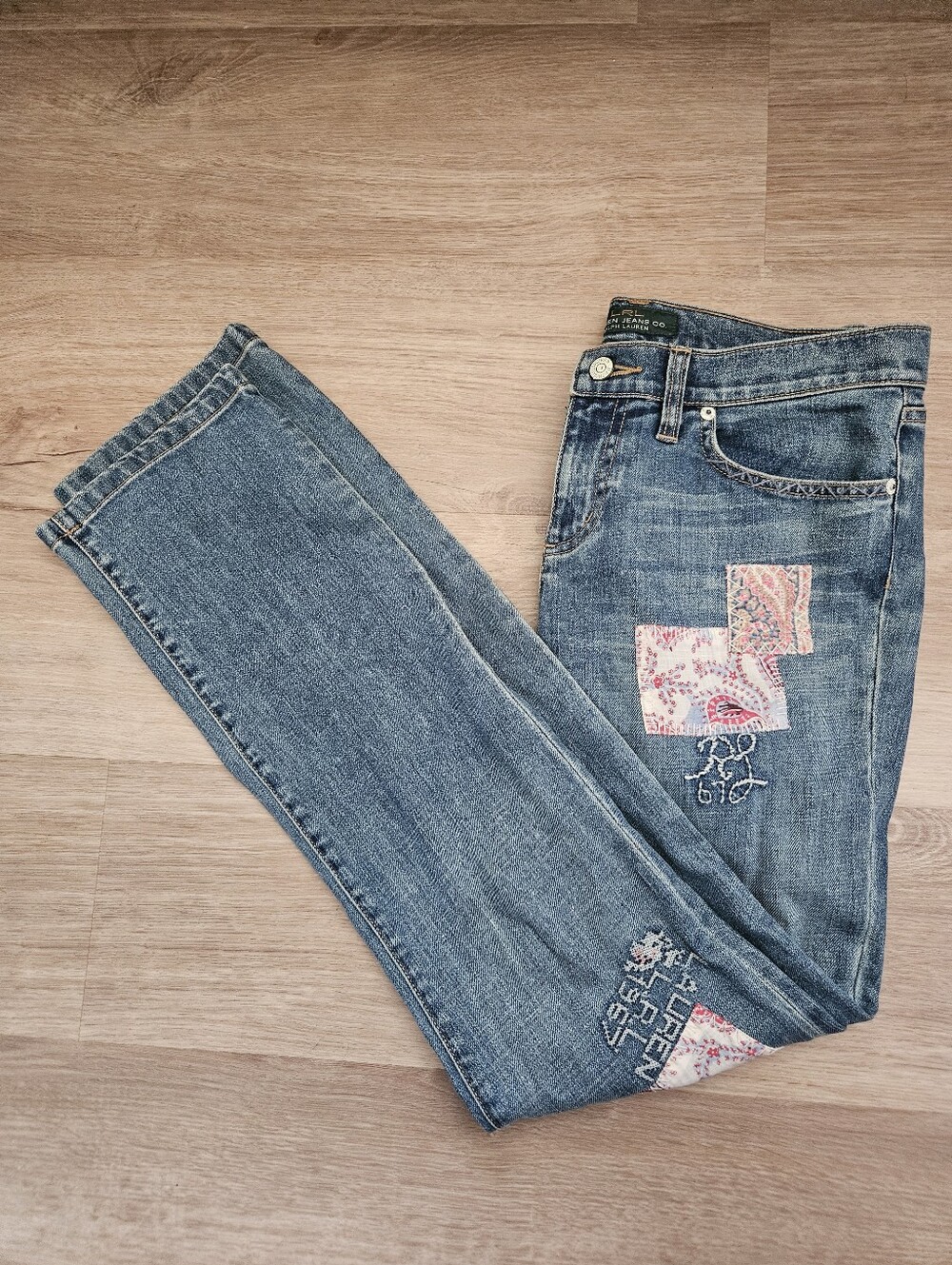 LAUREN JEANS CO. Ralph Lauren Patchwork Straight Leg Jeans Size 4 Boho Vintage